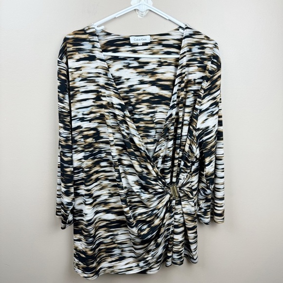Calvin Klein Black and Brown Faux Wrap Blouse With Gold Embellishment - Picture 1 of 7
